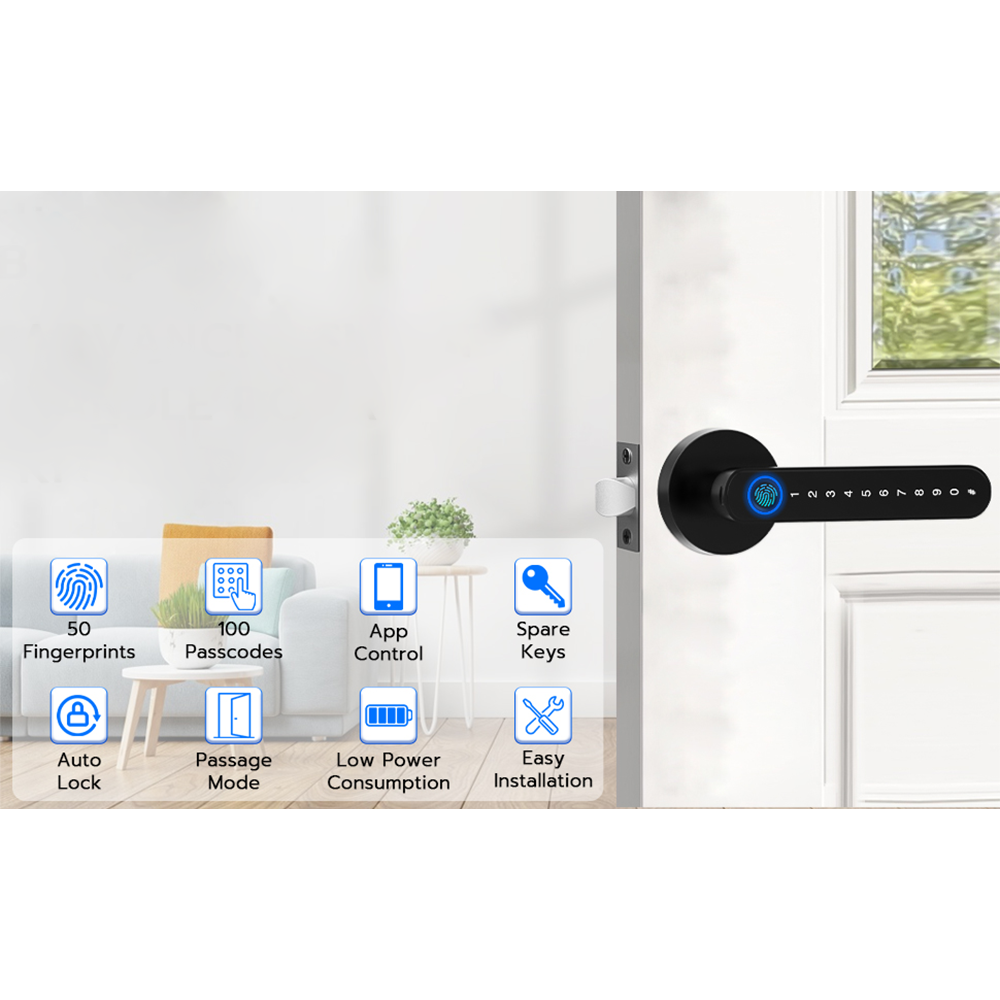 (17cm) Smart Türgriff Elektronische PIN Türklinke mit Touch- und App Steuerung   Fingerabdruck Scanner (Batteriebetrieben) - Schwarz
