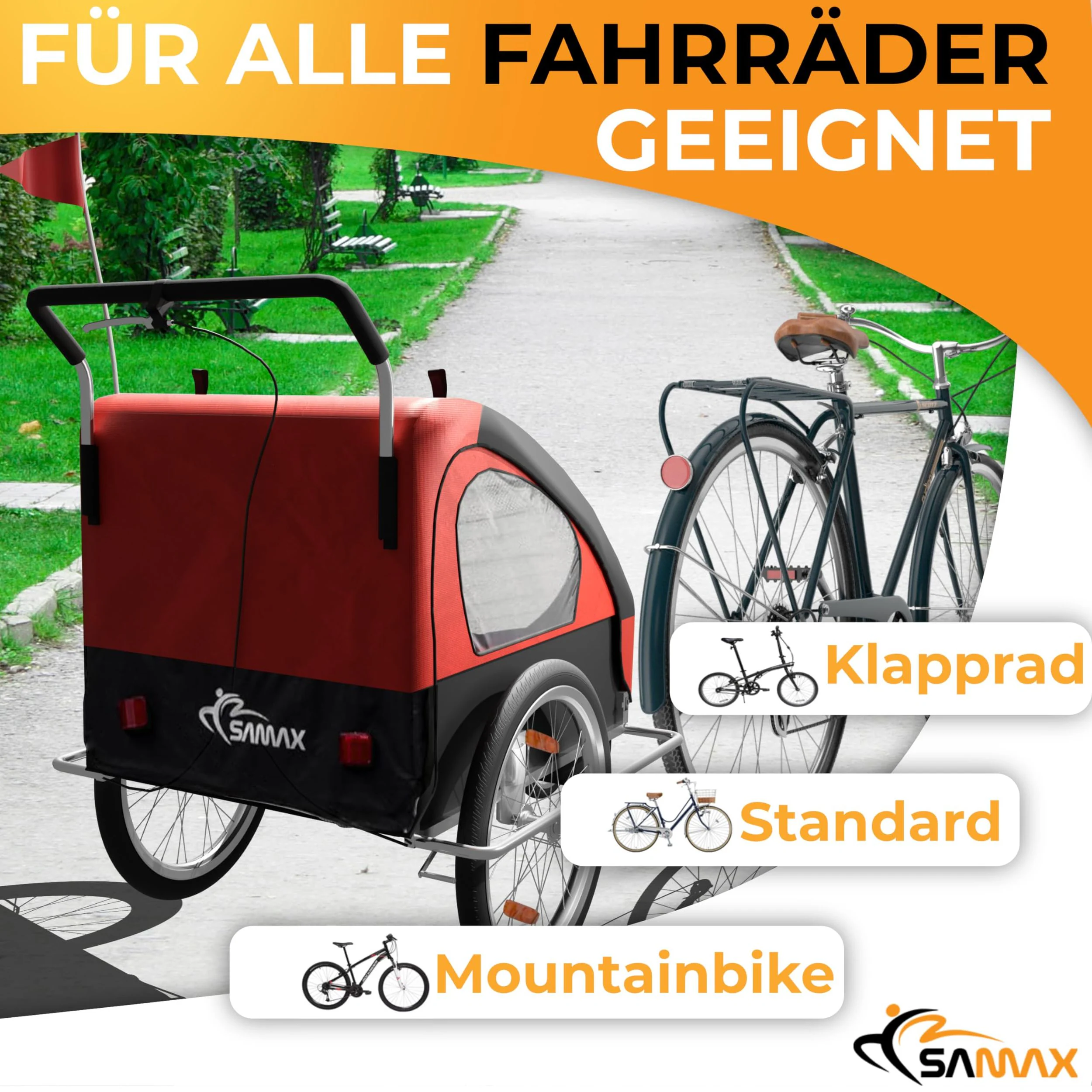 SAMAX Fahrradanhänger 2in1 Jogger - in Rot/Schwarz - Silver Frame