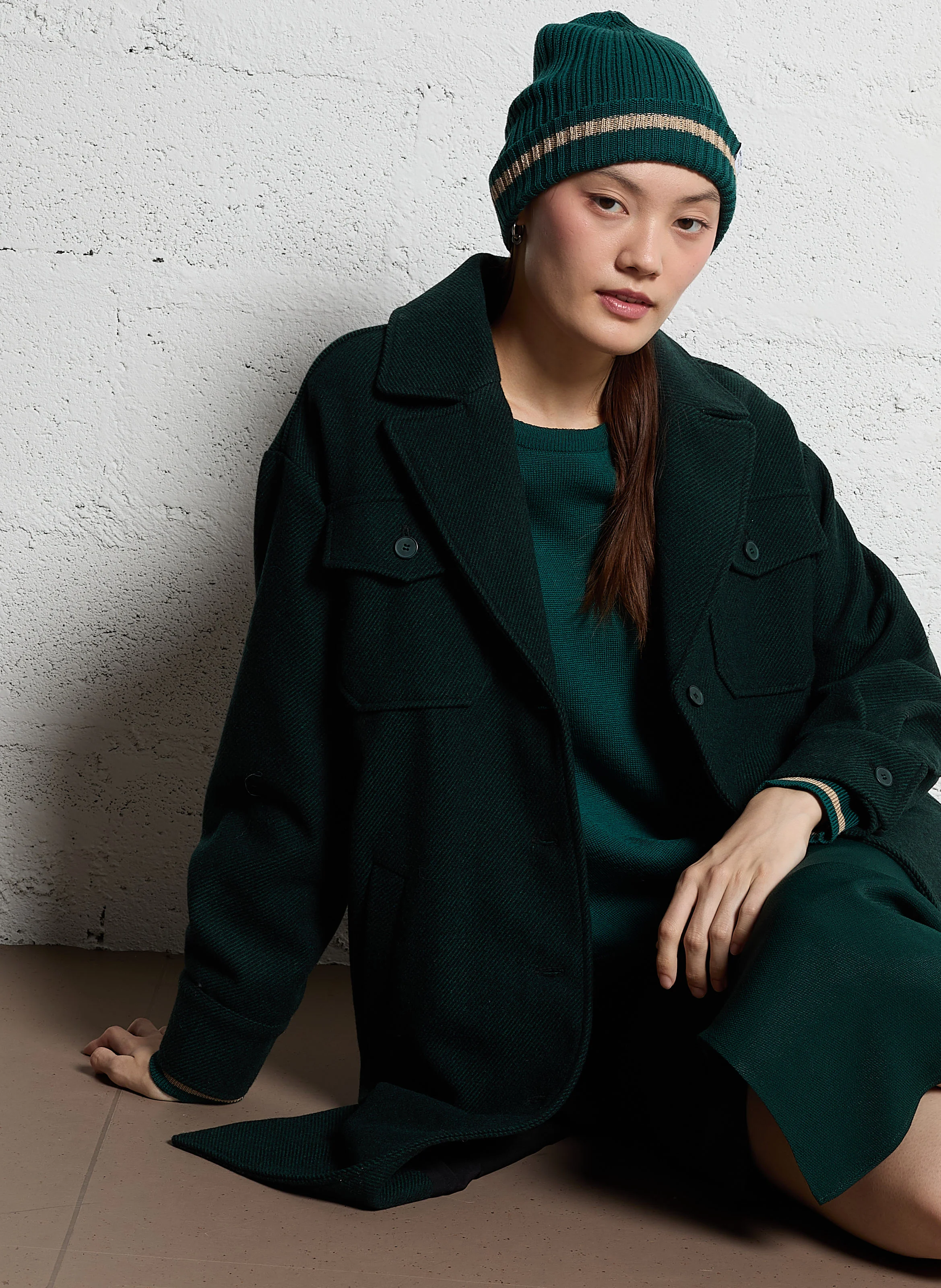 Manteau col tailleur en laine mélangée | Vert