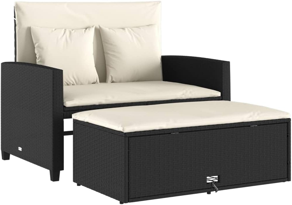vidaXL Gartensofa 2-Sitzer, Outdoor Sofa mit Hocker mit Staufach, Gartenmöbel mit Kissen, Gartensessel Gartenbank, Schwarz Poly Rattan