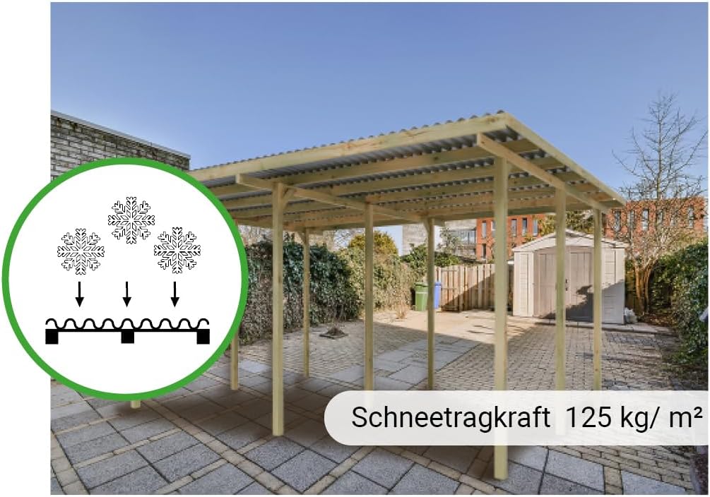 Holz Doppel Carport | 595 x 495 cm | 290 cm hoch | Fichte Kiefer Carport | mit UV-Schutz | 9er Pfosten | inkl. Dacheindeckung