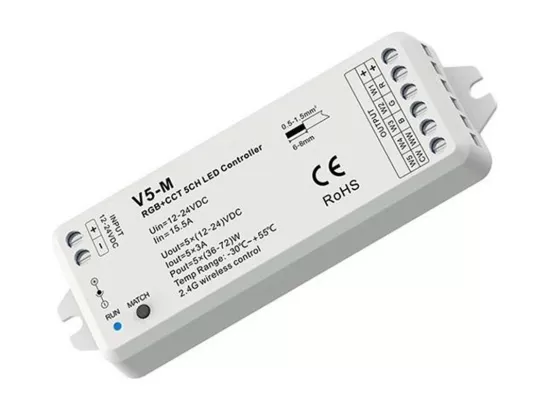 Contrôleur Variateur LED de dernière génération 12/24V DC pour Ruban LED RGBWW, compatible avec Télécommande RF RGBWW