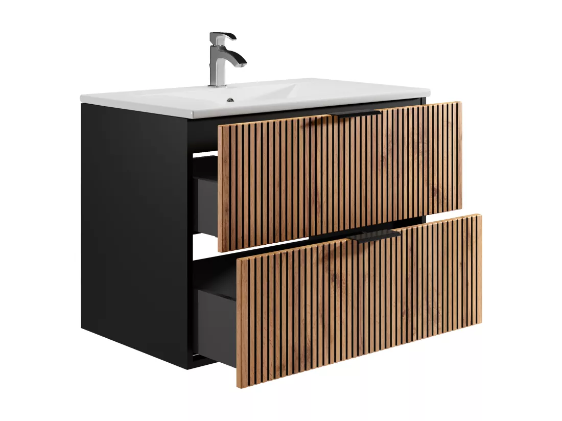 Meuble de salle de bain suspendu avec vasque à encastrer - Naturel clair et noir - 80 cm - MADELA