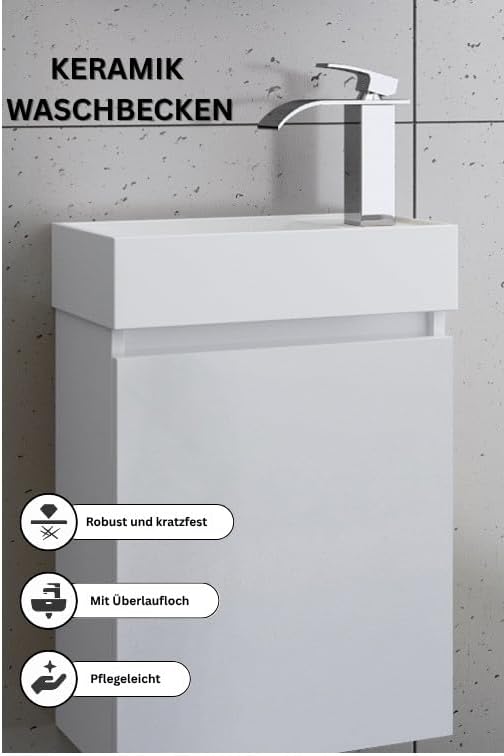 Faizee Home Badmöbel Set Weiß – Waschbeckenunterschrank mit Keramik Waschbecken & Armatur – Kompakter Badezimmerschrank Badschrank ohne Spiegel für Gäste WC & kleine Bäder