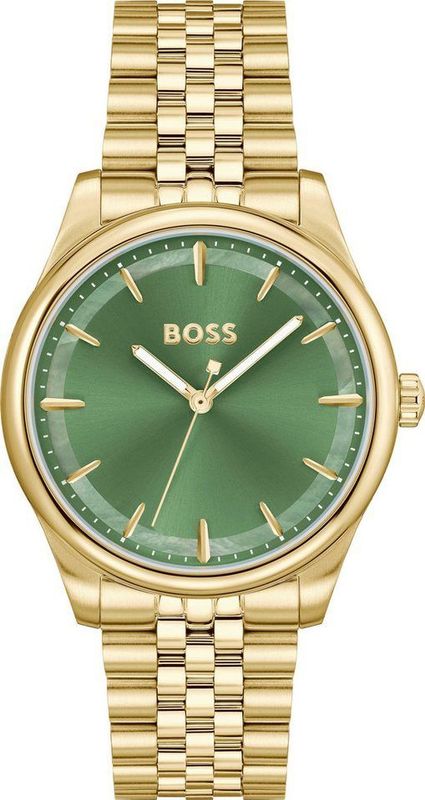 BOSS - Dameshorloge - Groen - Sierlijke Collectie - Gouden Roestvrijstalen Band - 1502780