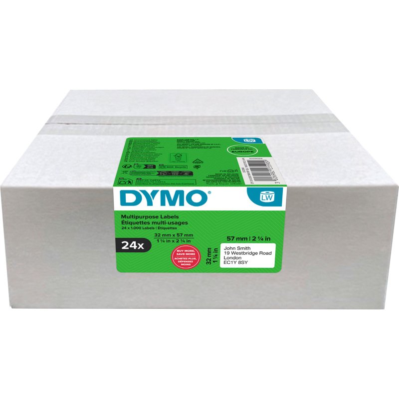 Étiquettes 32 mm x 57 mm DYMO LabelWriter - Rouleaux de 1000 étiquettes - Boîte de 24 rouleaux