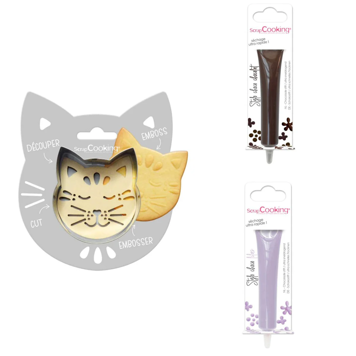 Kit pour biscuit en relief Chat + 2 Stylos au chocolat marron et lilas