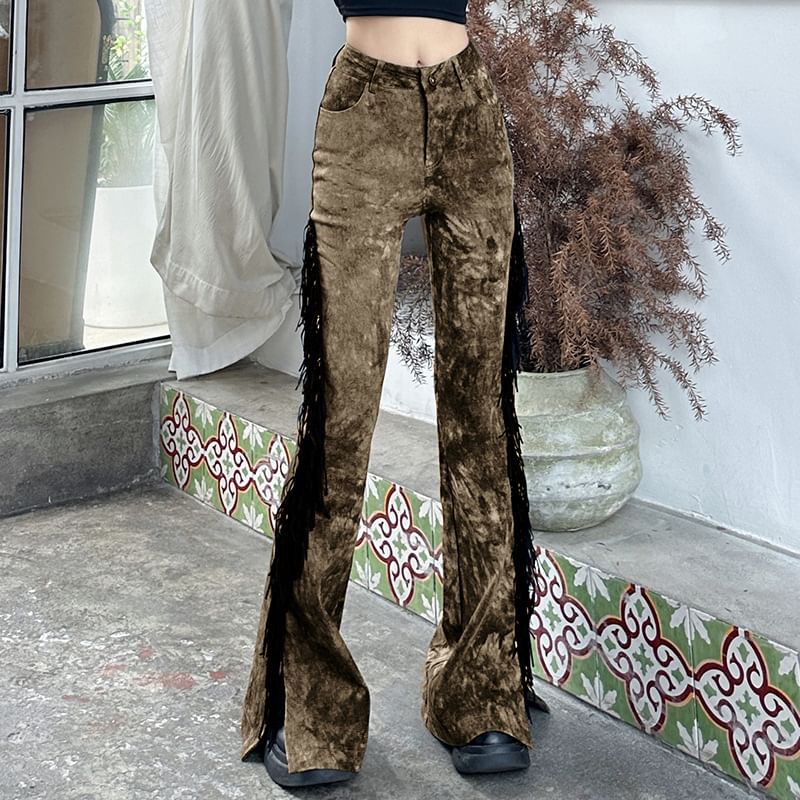 Kilokane - Hoge taille tie-dye broek met franjes en splitten