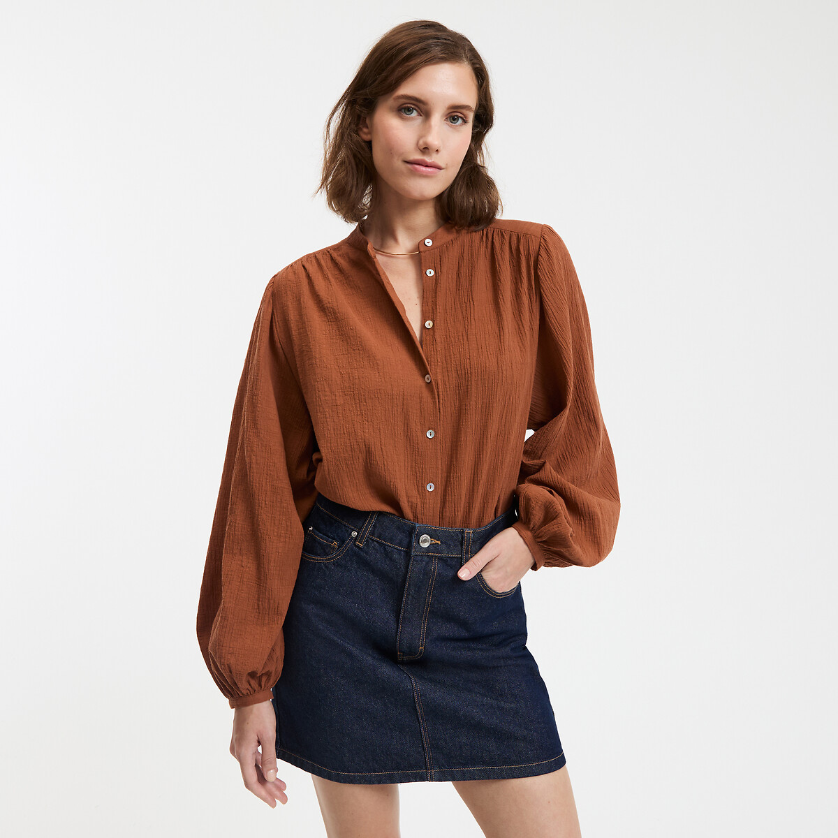 COLEÇÕES LA REDOUTE<br>Camisa oversized com gola mao, assinatura LISE