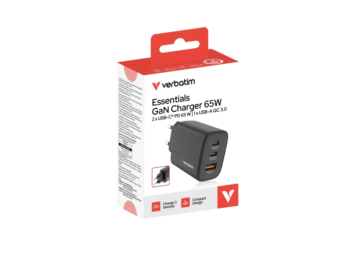 (65W) Essentials Dual USB C / USB A GaN Ladegerät Netzteil (32352) - Schwarz