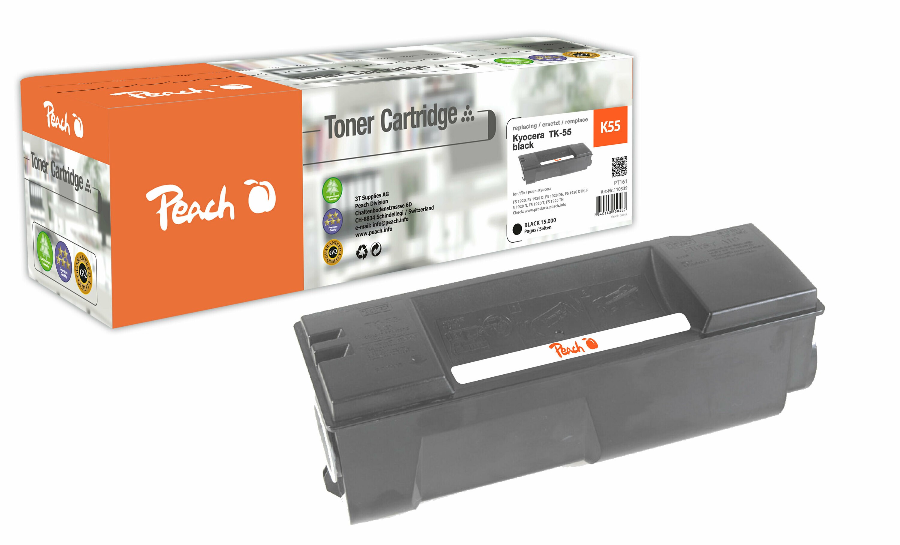 Peach K55Toner bk ersetzt Kyocera TK-55 für z.B. Kyocera FS -1920, Kyocera FS -1920 D, Kyocera FS -1920 DN, Kyocera FS -1920 DTN (wiederaufbereitet)