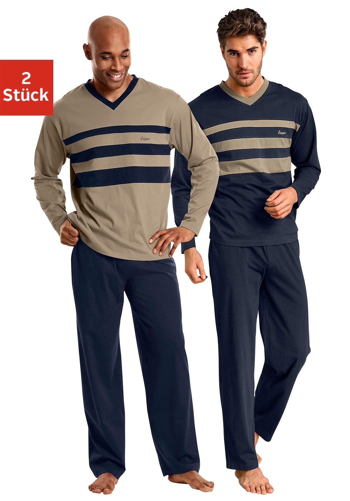 le jogger® Pyjama Packung, 2 Stück, 4 Stk. tlg., Schlafanzug mit kontrastfarbigen Einsätzen vorn