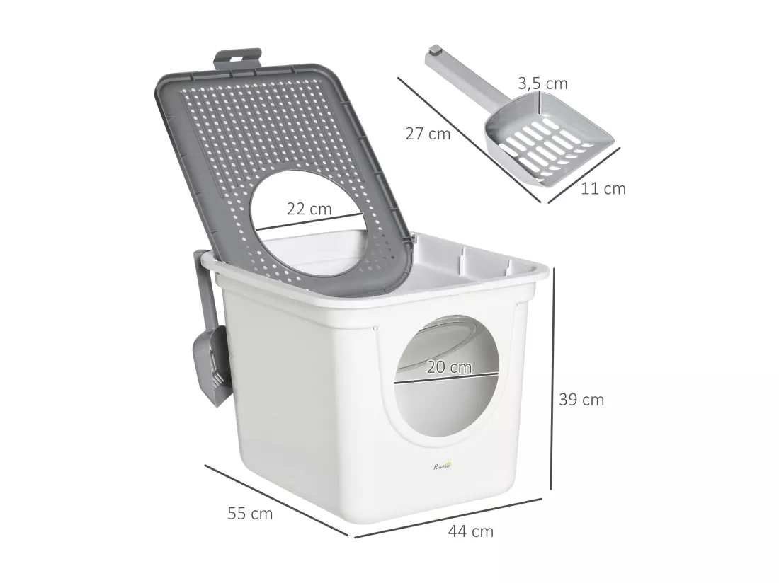 Maison de toilette litière pour chat double porte battante et supérieure - pelle incluse - blanc gris