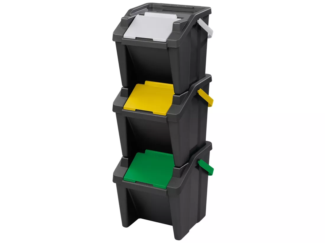 Lot de 3 poubelles empilables 30L avec poignée (poubelle noire-couvercle vert) 38,2x37,6x107
