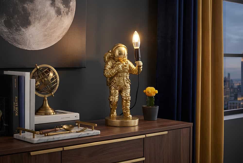 Moderne Tischlampe ASTRONAUT 40cm gold Skulptur handmade