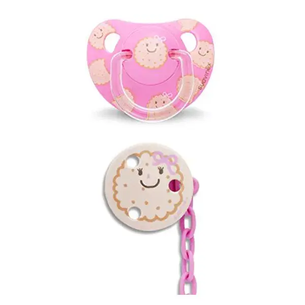 Chupeta de silicone Suavinex Physio 6-18 meses + prendedor de biscoito rosa