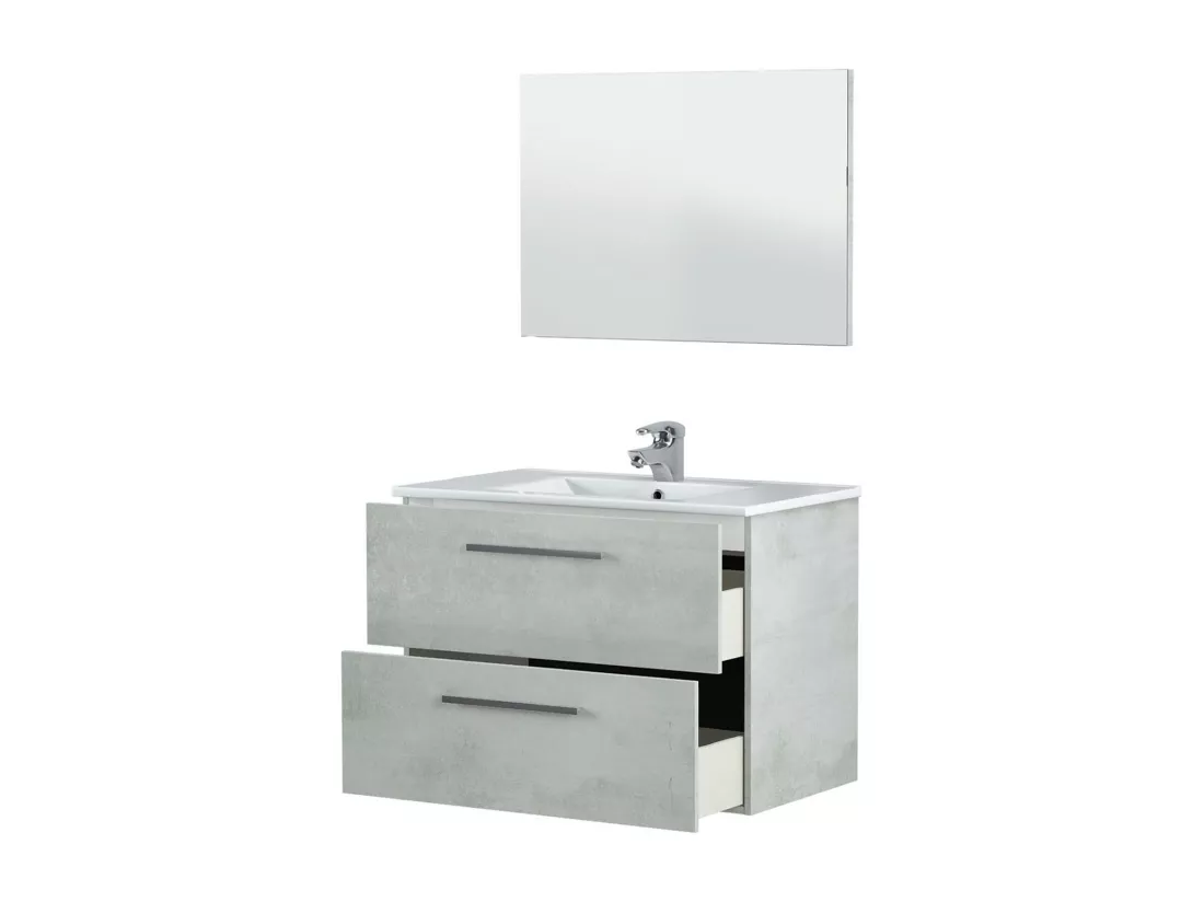 Meuble sous-vasque Dfell, Meuble de salle de bain suspendu, Armoire avec 2 tiroirs et miroir, 80x45h57 cm, Ciment