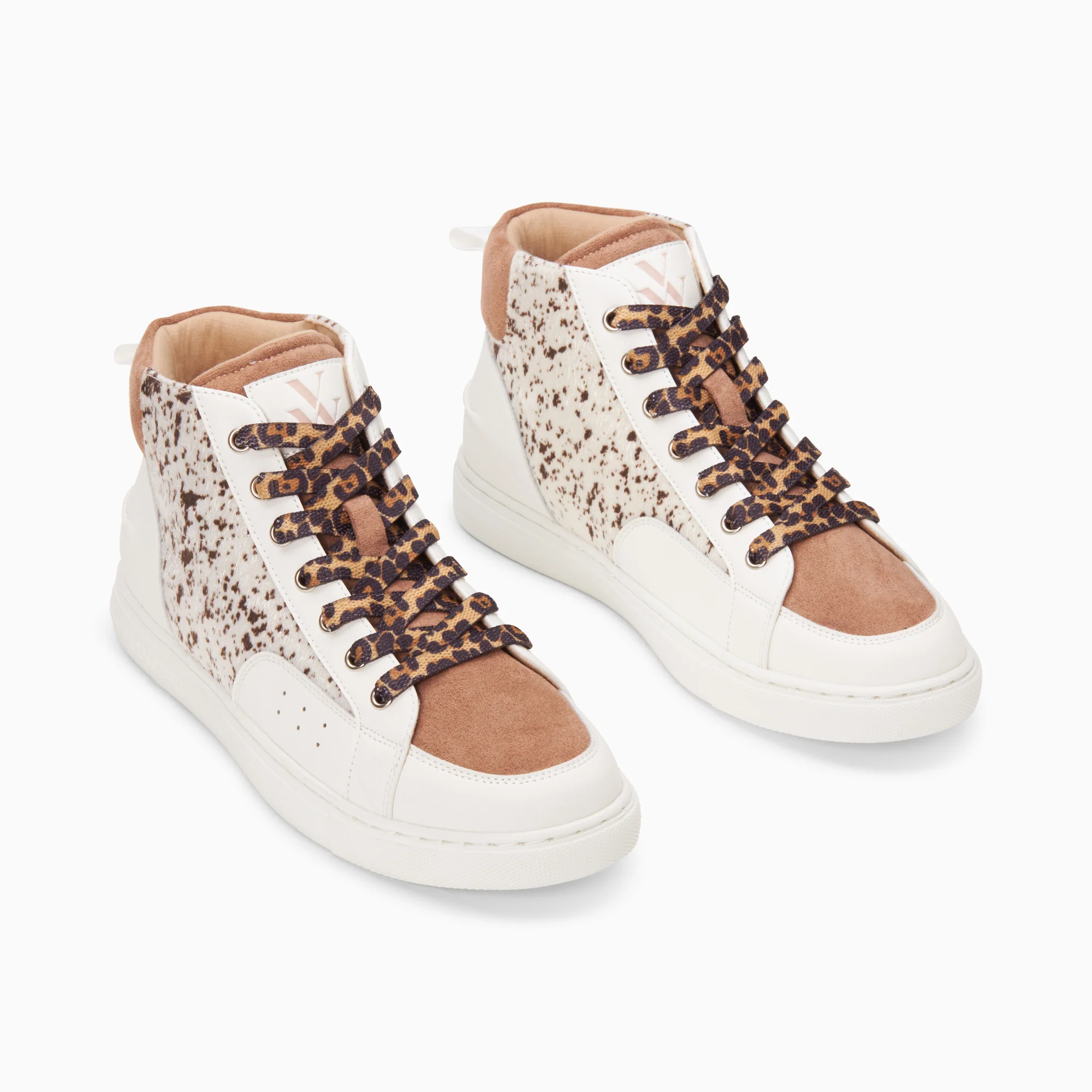Sneakers-Baskets montantes Gwen blanc et marron à lacets léopard