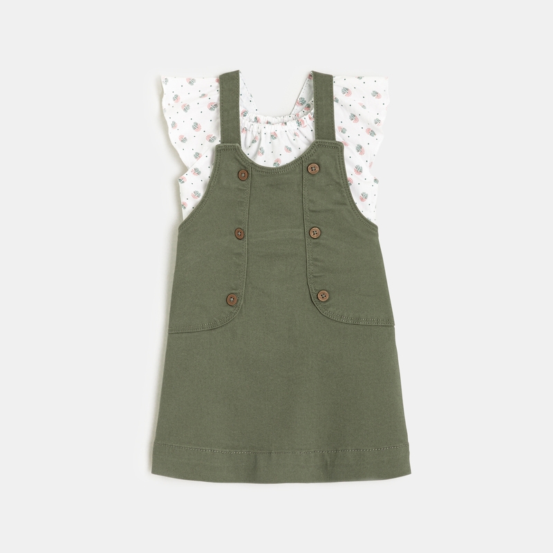 Robe salopette et blouse à motifs verte bébé fille