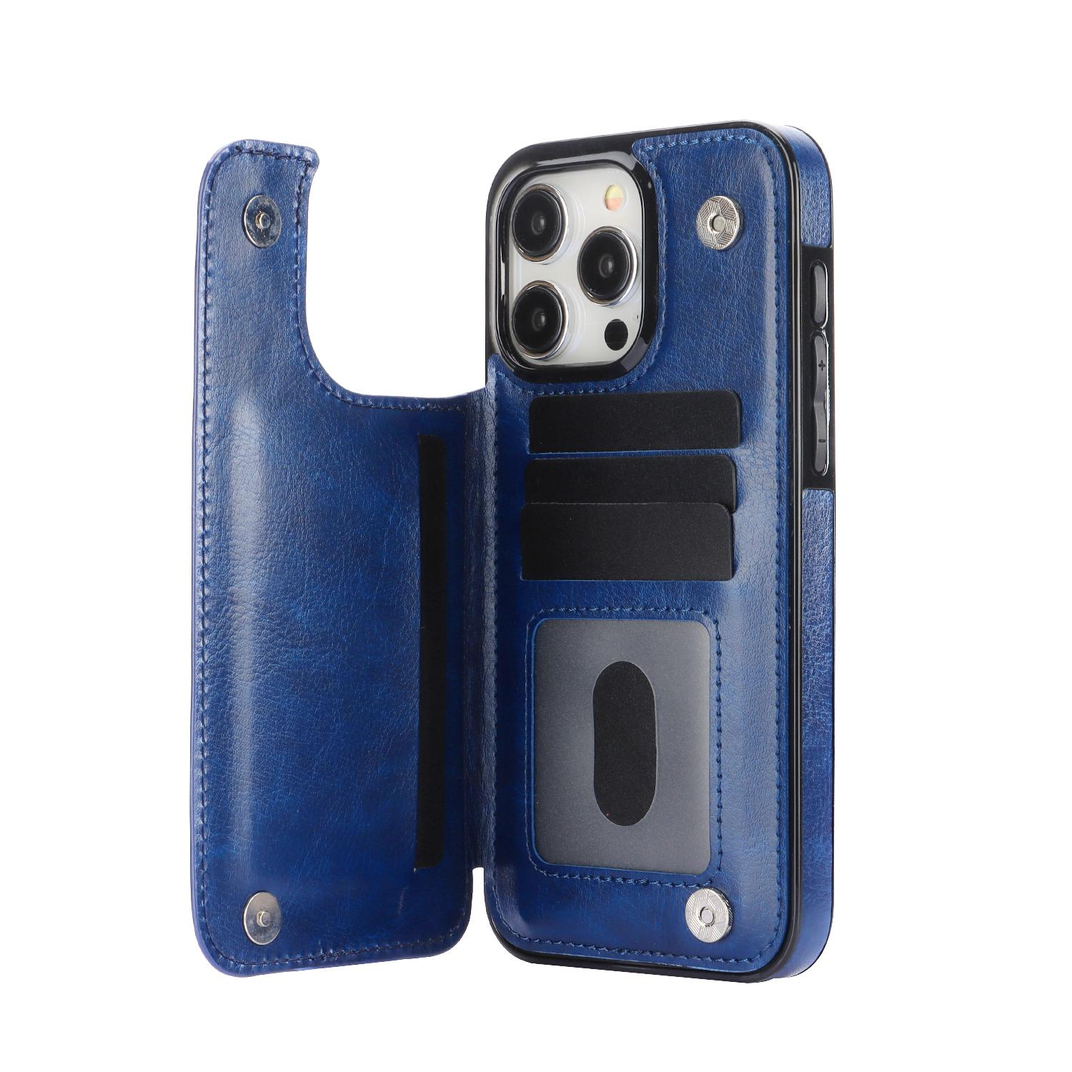 iPhone 15 Pro Max Hybrid Leder Hülle mit Kartenfach   Kickstand Aufsteller - Blau