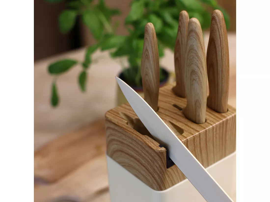 Menastyl - Bloc A Couteaux 6 Pieces En Polypropylene Creme Et Effet Bois