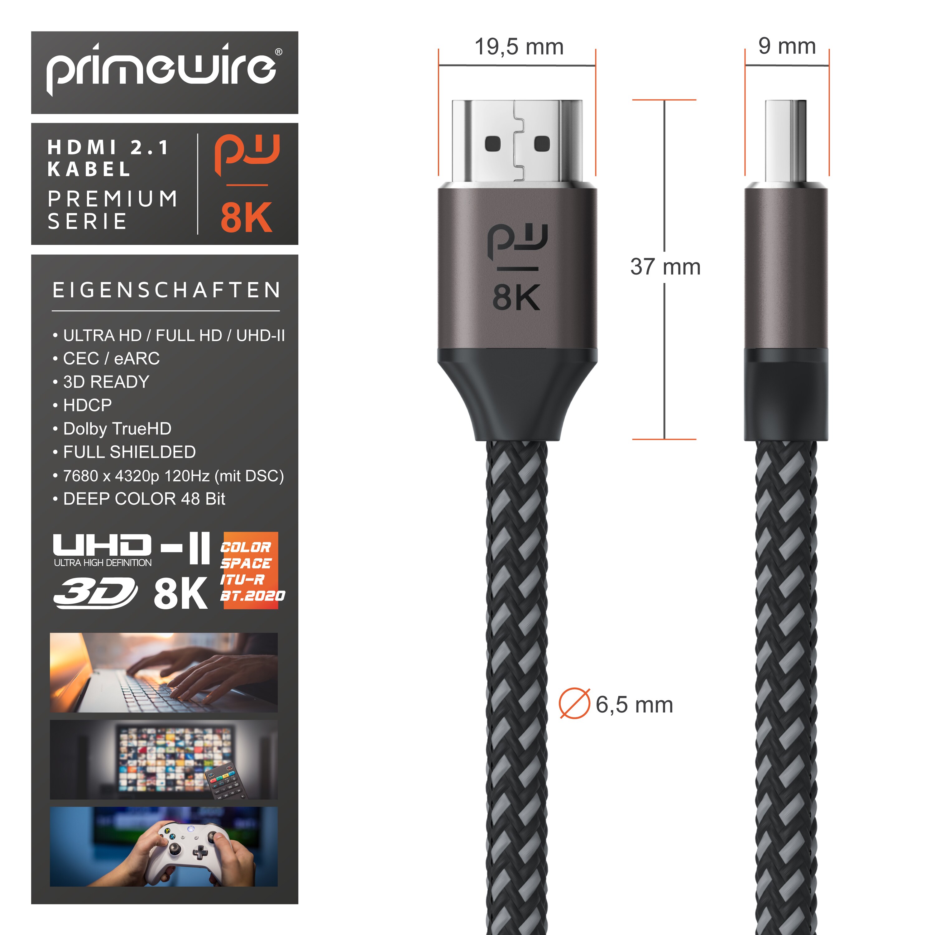 Primewire 8k HDMI Kabel 2.1 UHD II, 8k @ 120 Hz mit DSC, 7680 x 4320, 2k 4k Ethernet, HDR eARC VRR ALLM, kompatibel zu Blu Ray PS4 PS5 - 1 m