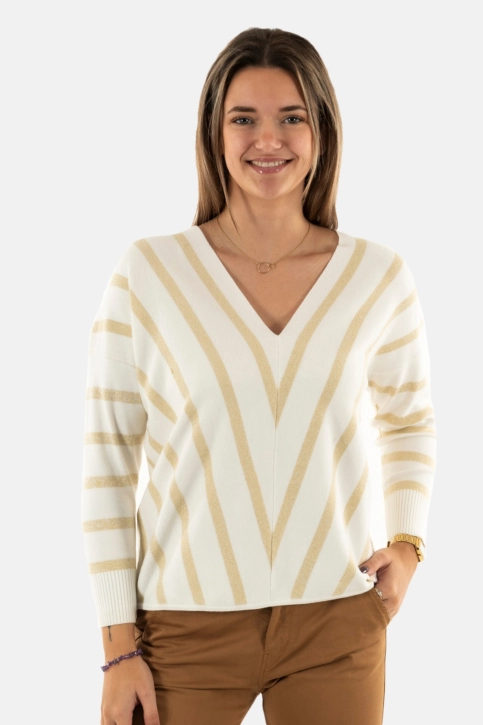 Pull hiver only new aya medium grey melange w cloud dancer stripes and gol