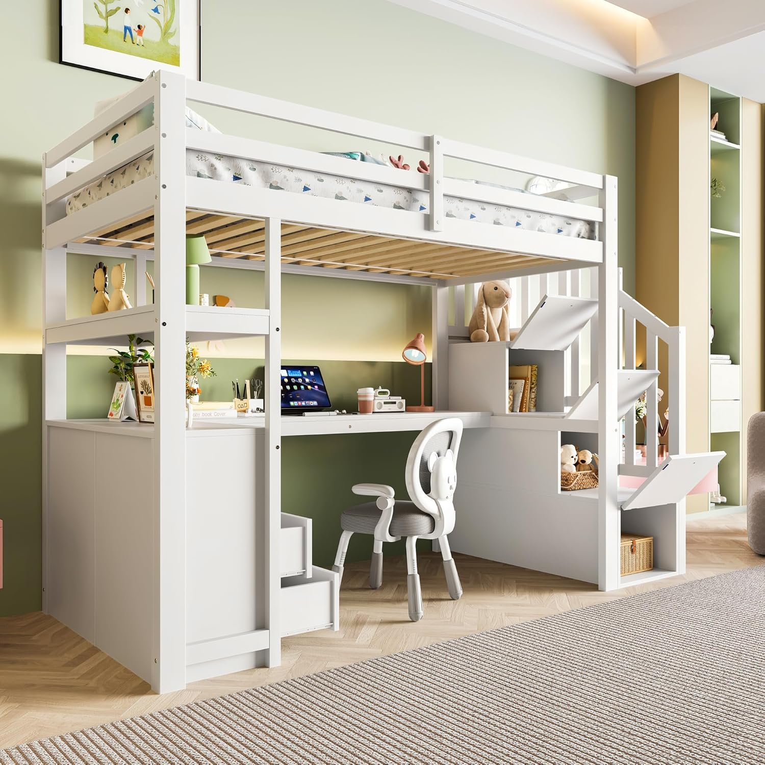 Hochbett mit Schreibtisch und Treppe, Etagenbett Kinderbett mit Stauraumschubladen und Regale, 90x200cm Stockbett Funktionsbett Kinderhochbett Jugendhochbett, inklusive Lattenrost, ohne Matratze,Weiß