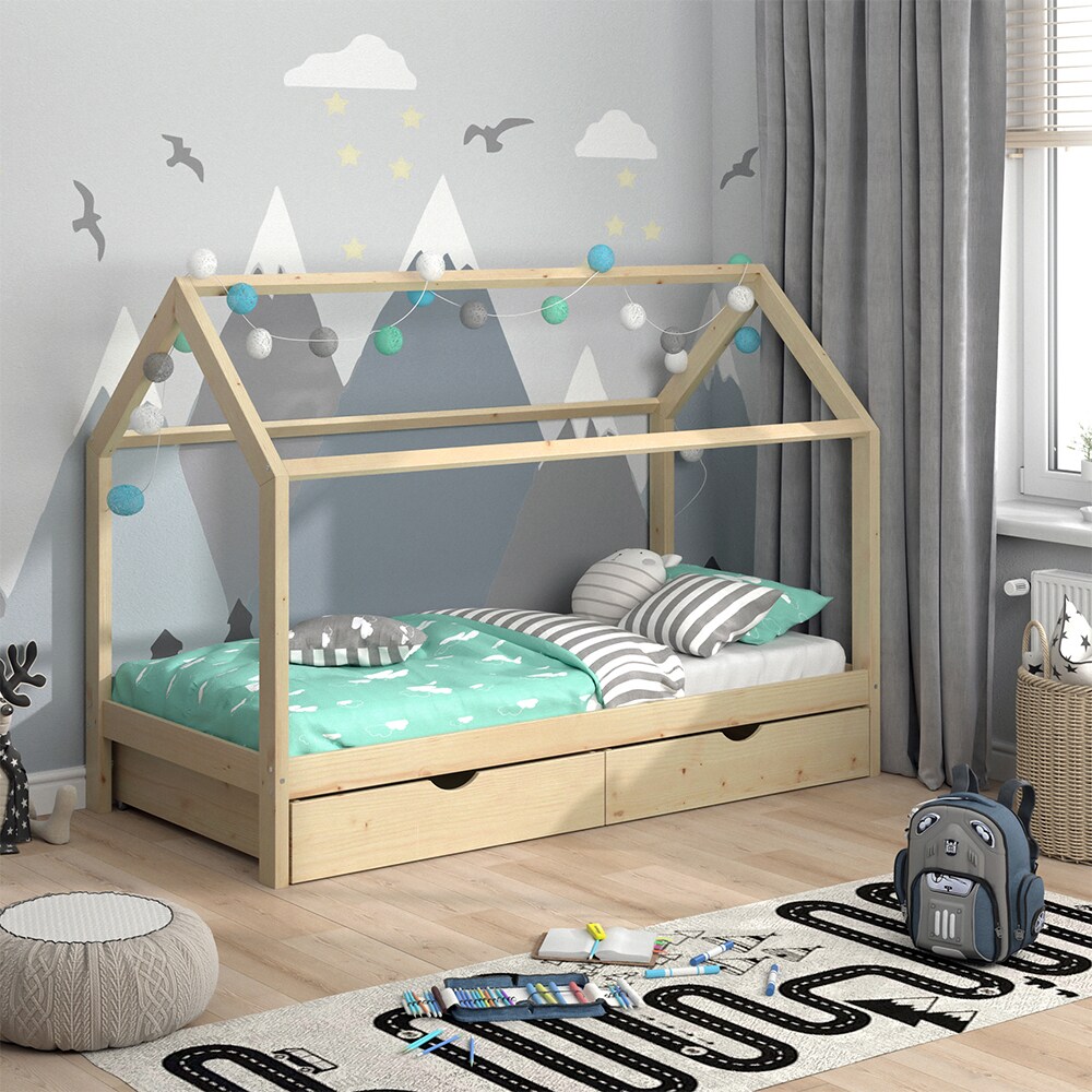 VitaliSpa Kinderbett Hausbett Schubladen Bett Holz Kinderhaus natur 90x200 cm