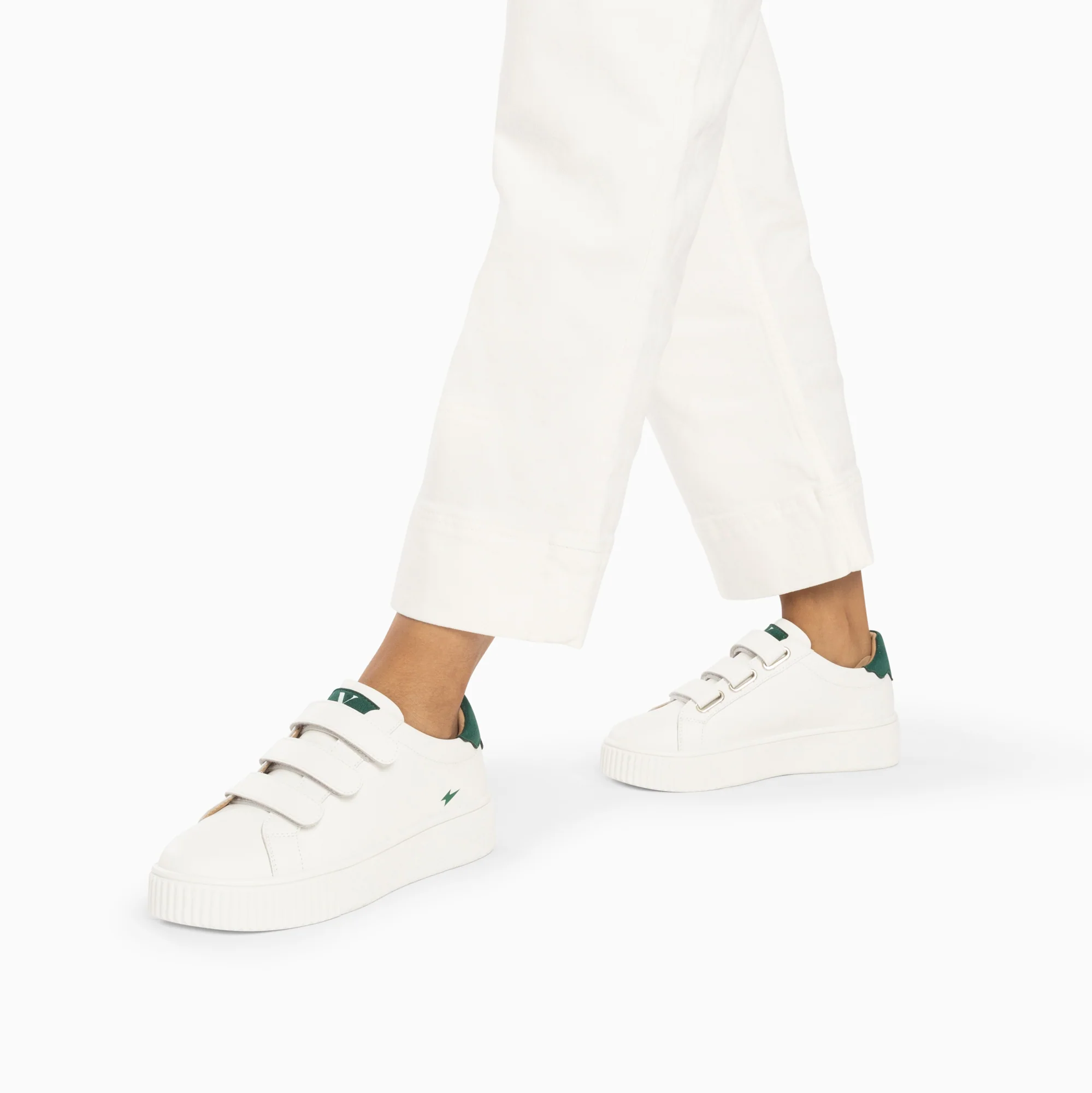 Sneakers-Baskets mini éclair Solange blanc et vert à scratchs