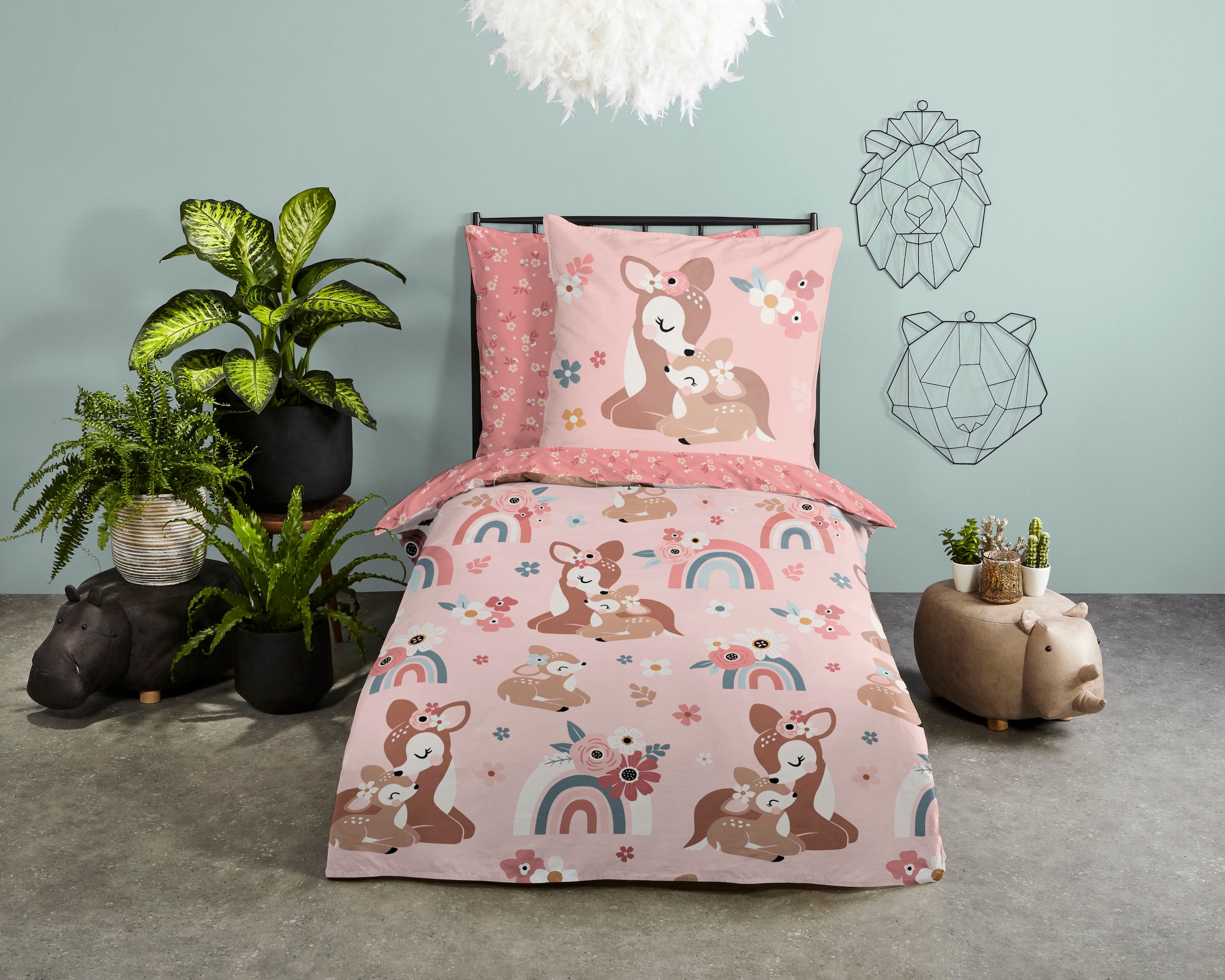 good morning Kinderbettwäsche »Bibi blossom« 2 Stk. tlg. Baumwolle, 135x200, Reissverschluss, Wende, Kind, Mädchen, Bambi, Rosa