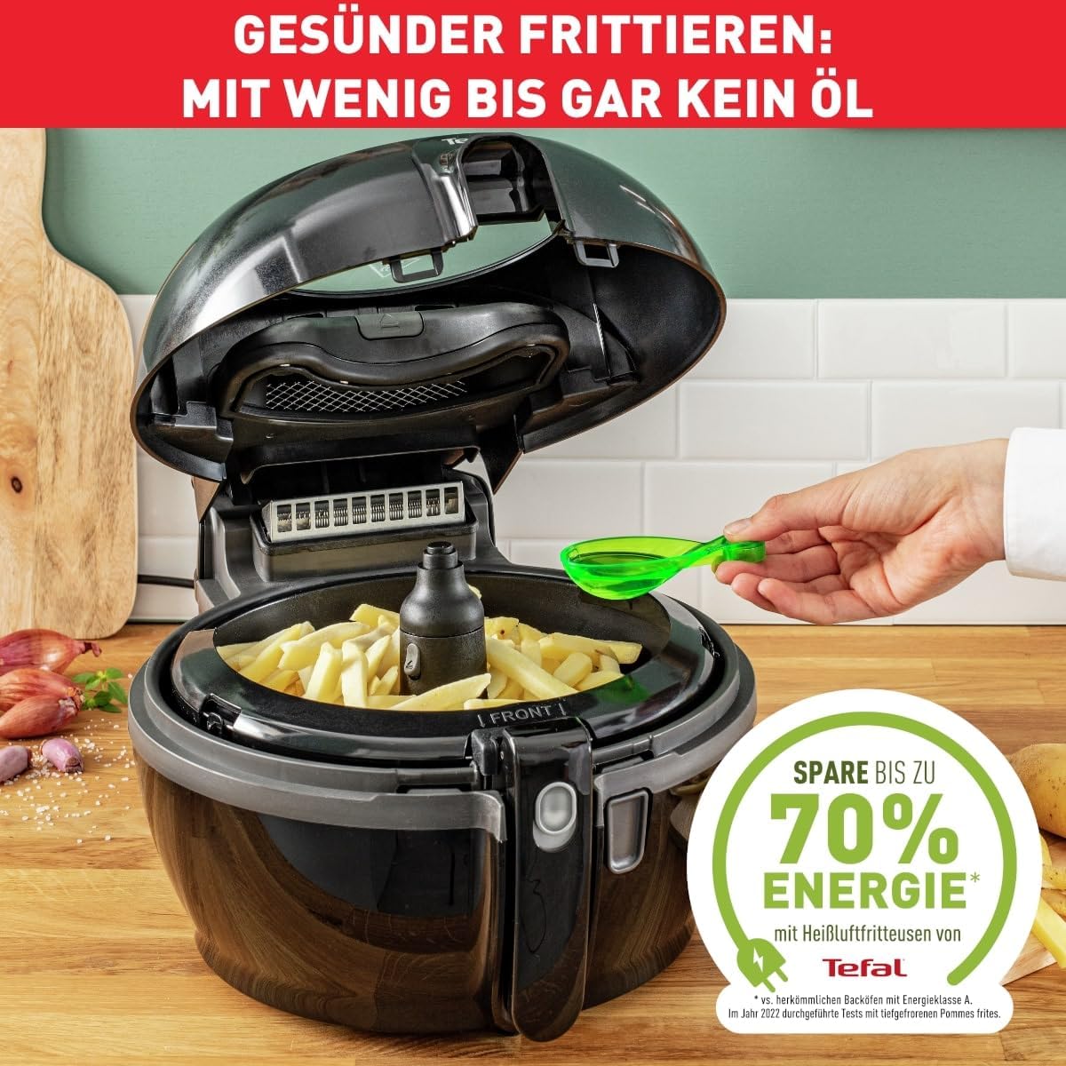Tefal ActiFry Extra Heißluftfritteuse, AirFryer mit Rührarm, kein Schütteln, 1550 W, 1,2 kg für 6 Personen, High Speed Airflow, Timer, ‎energiesparend, gesunde Fritteuse ohne Öl, Schwarz, FZ7228