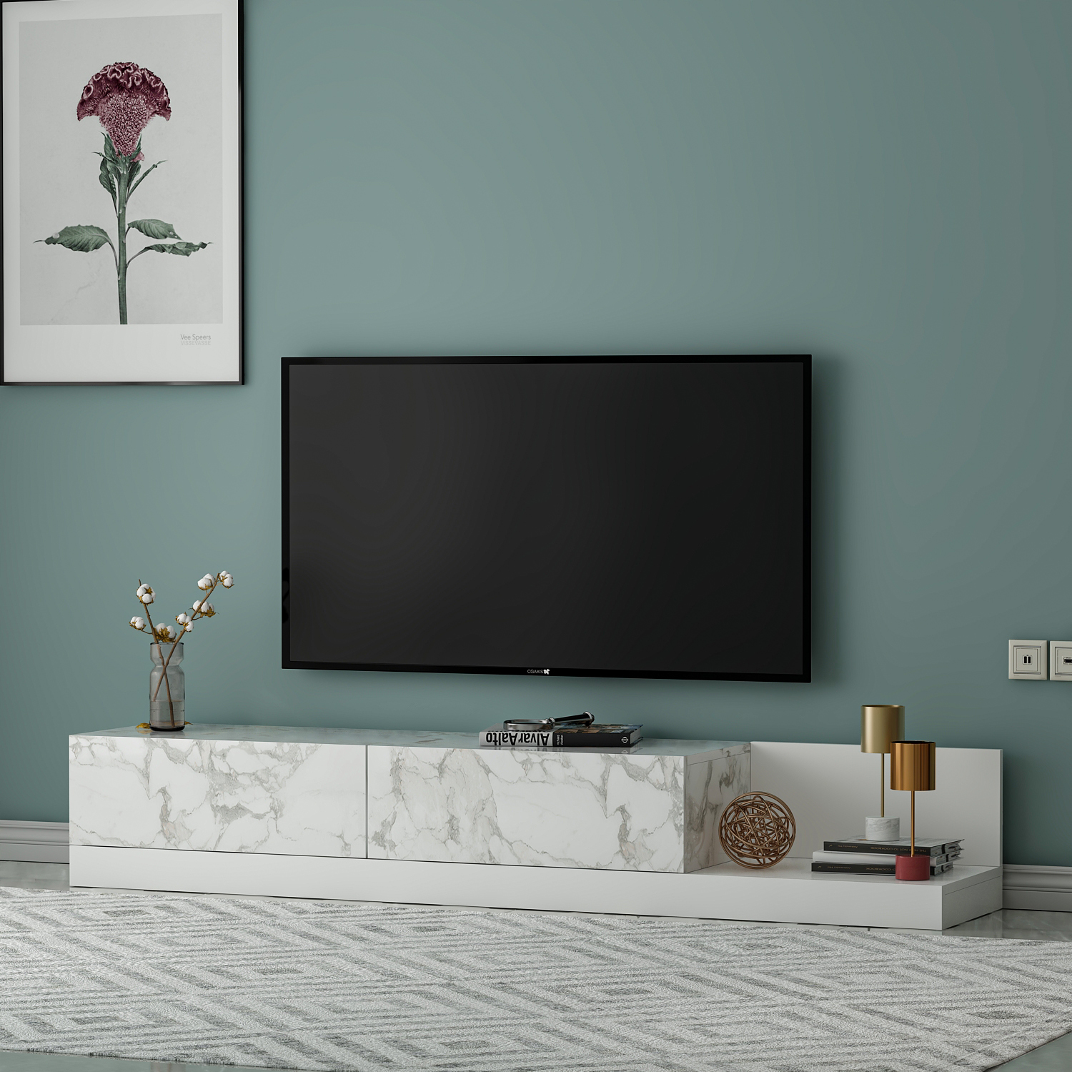 TV-Lowboard - weiß - Marmoroptik - 180 cm