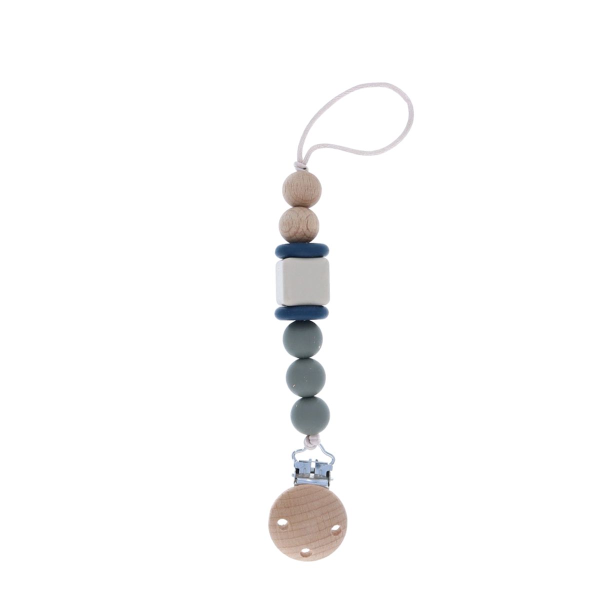 Attache tétine bleue et gris silicone Amande
