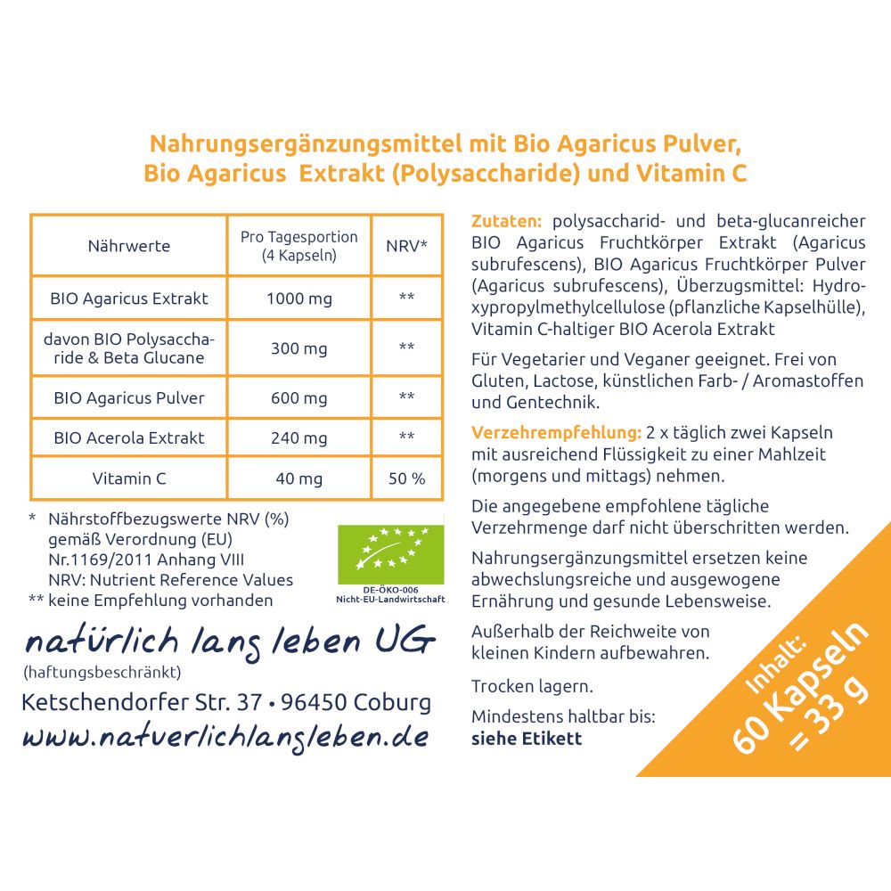 natürlich lang leben BIO Agaricus Extrakt + Pulver
