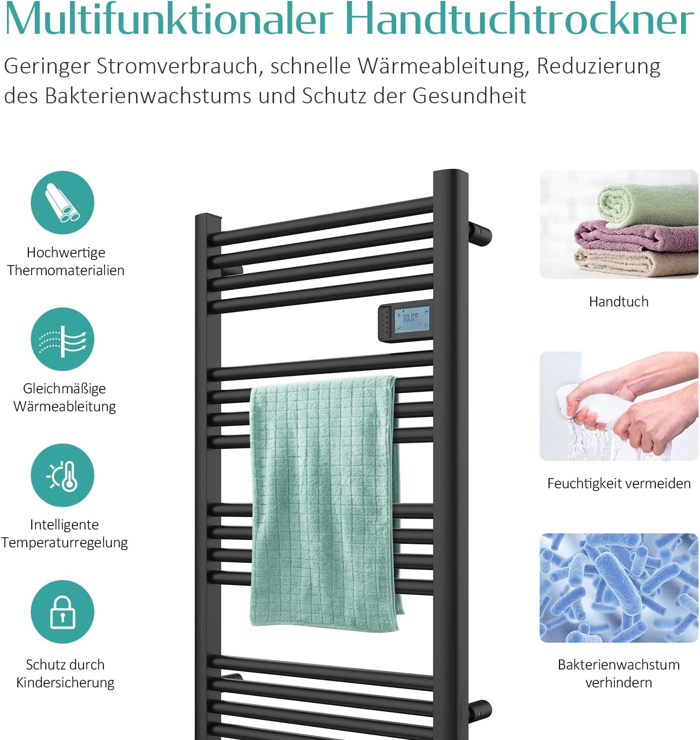 EMKE Elektrischer Handtuchheizkörper 75 x 40 cm, Badheizkörper Elektrisch mit Touchschalter Timer, Handtuchheizung Handtuchtrokner Handtuchwärmer Elektrisch Schwarz Matt 180W