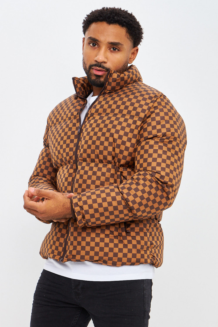 Doudoune matelassée marron à damier