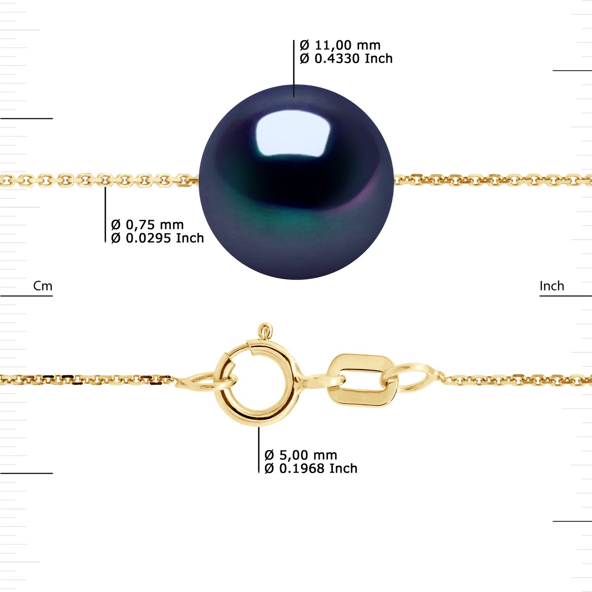Collier Perle d'Eau Douce Noire Ronde 11-12 mm Chaîne Forçat Or Jaune 18 Carats