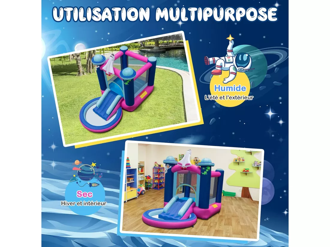 Toboggan Aquatique Gonflable Thème de l'espace avec Gonfleur 480 W Piscine à Eclaboussures Toboggan Portable,Sac de Transport et Piquets