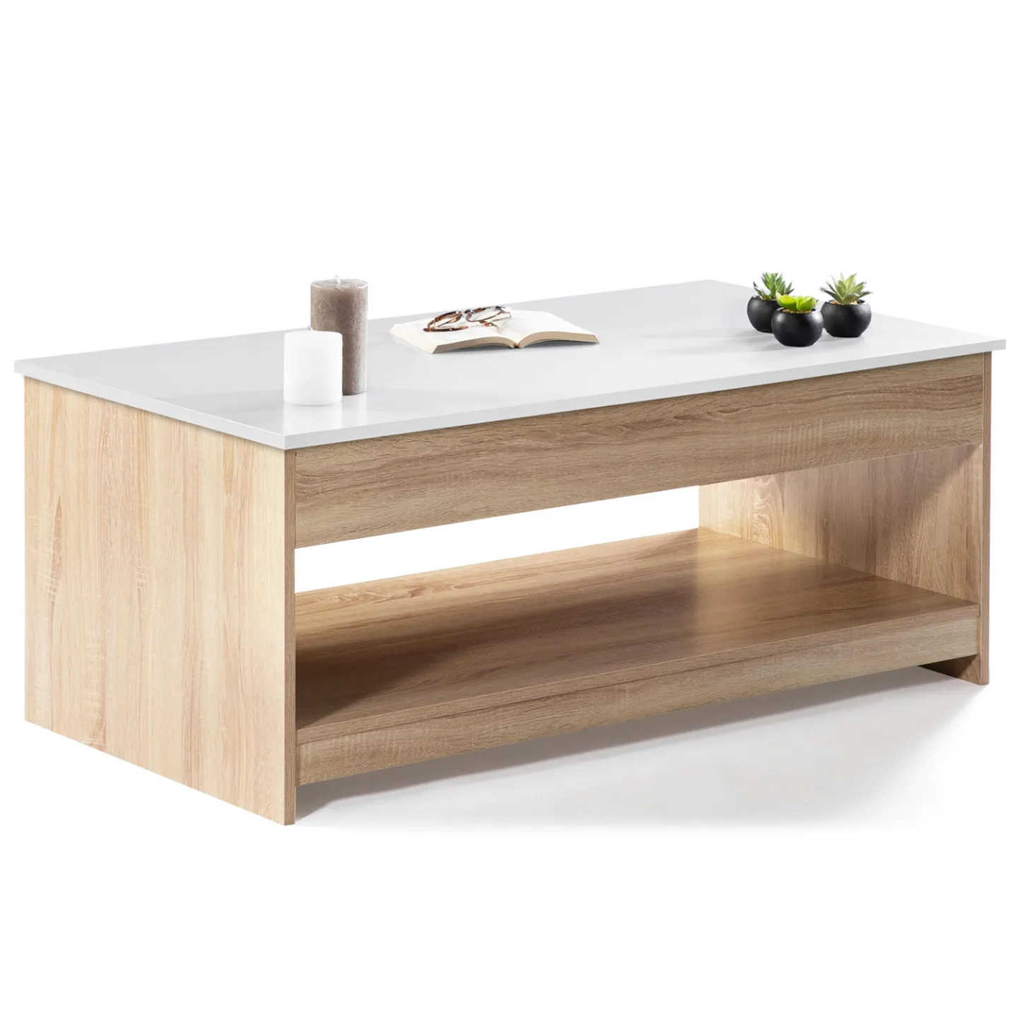 Table basse plateau relevable rectangulaire SOA bois imitation hêtre plateau blanc