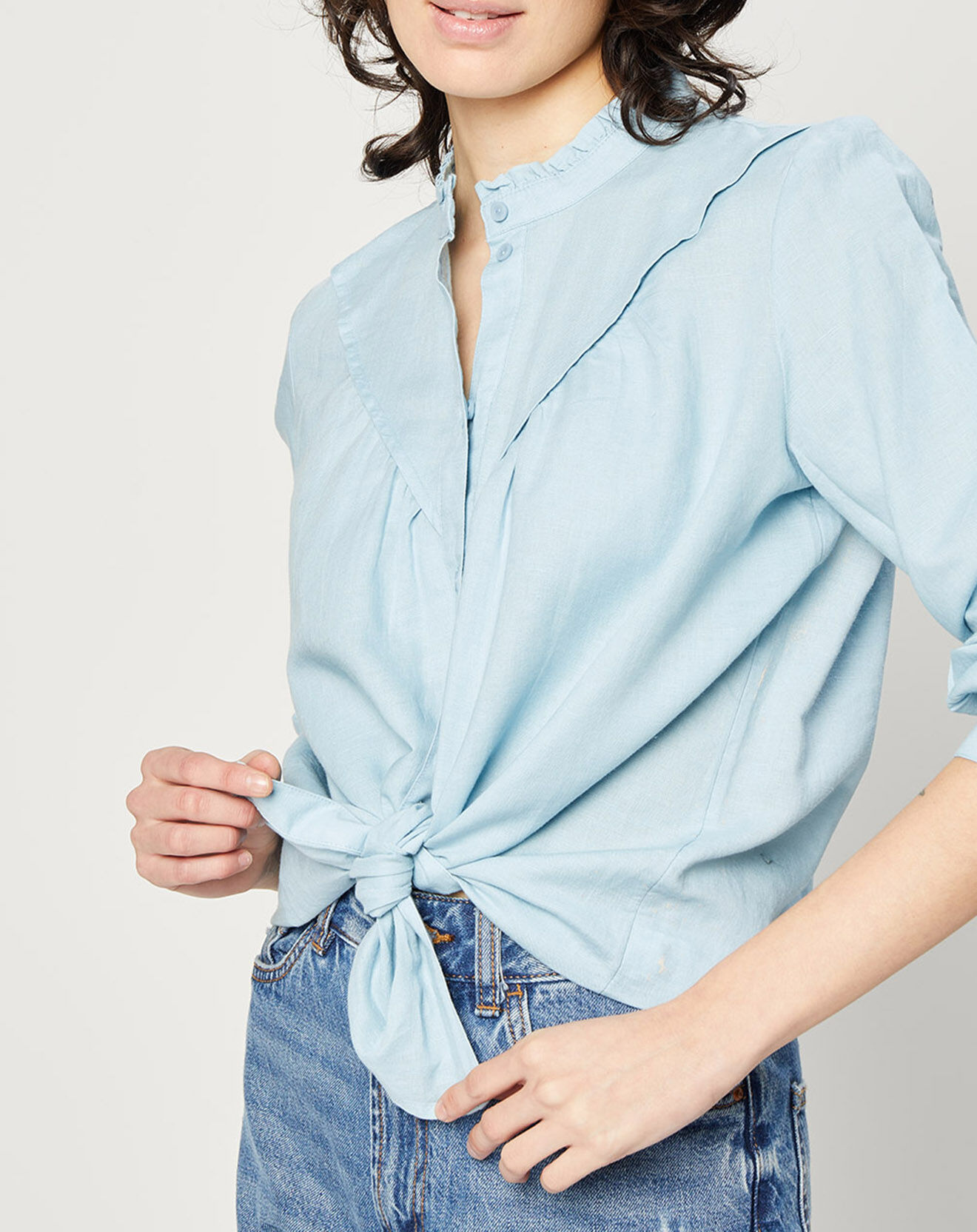 Esprit Chemise en Lin & Coton à Col Volant bleu clair