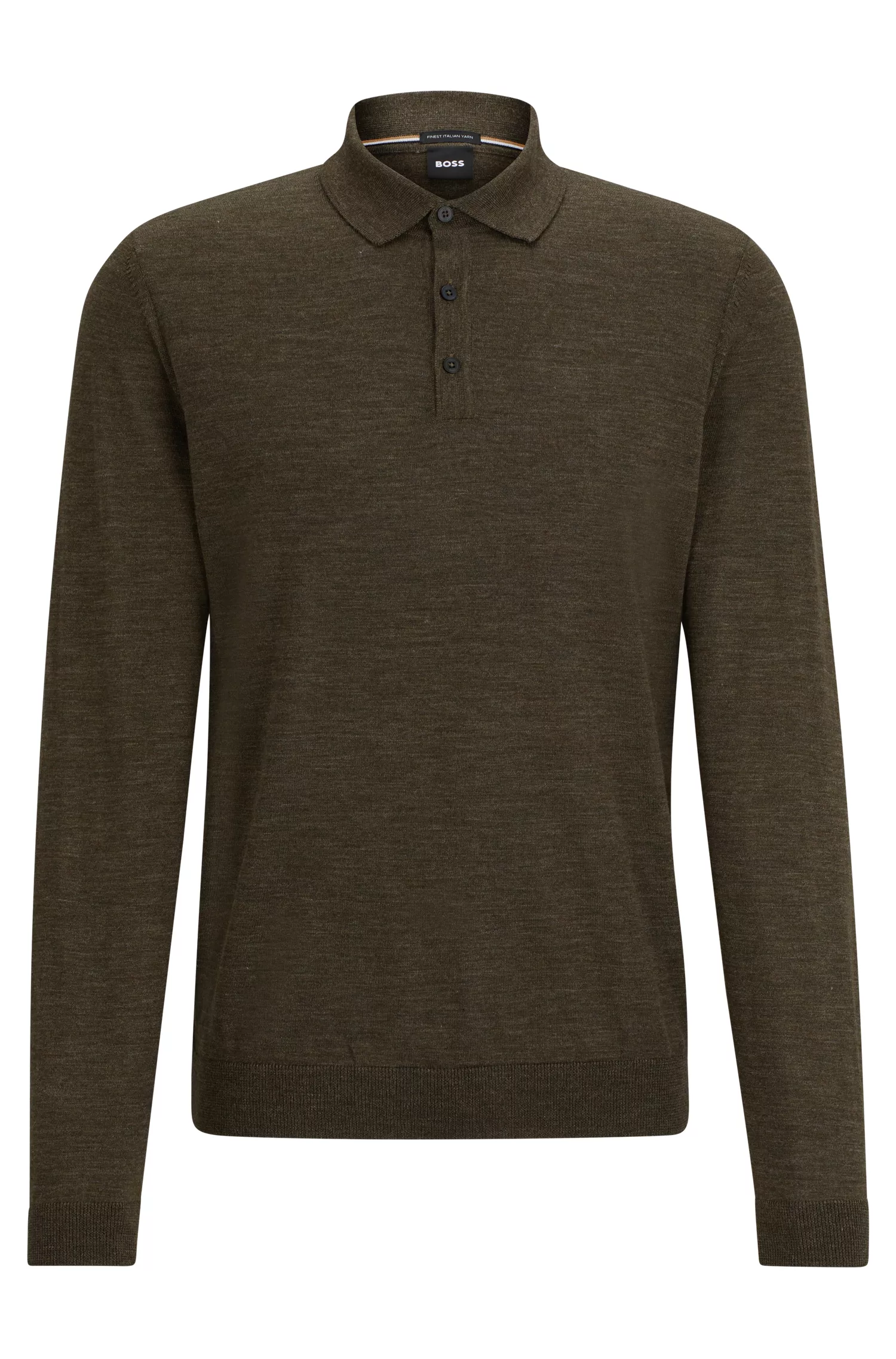 Suéter BOSS preto de corte slim, confeccionado em lã sustentável, com gola polo.