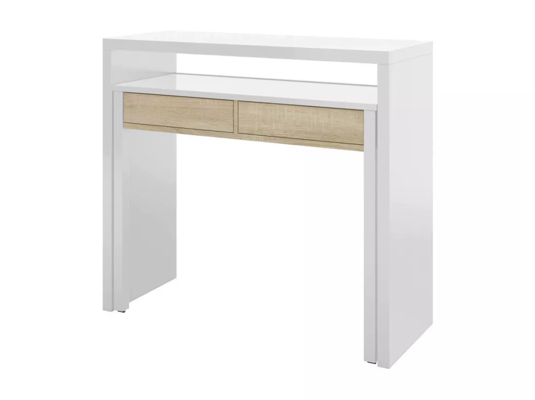 Bureau Billings, Bureau avec plateau extensible, Bureau PC avec 2 tiroirs, 99x36h88 cm, Blanc et Chêne