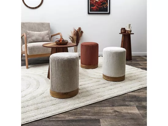 AMORY - Pouf en velours côtelé coloris terracotta socle en MDF