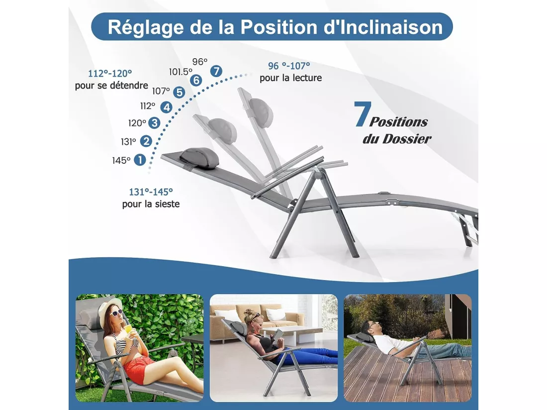 Chaise Longue Pliante, Transat Inclinable Portable avec Dossier Réglable sur 7 Positions, Bain de Soleil avec Accoudoir, Repose-Tête, Extérieur pour Piscine, Jardin, Balcon (Gris)