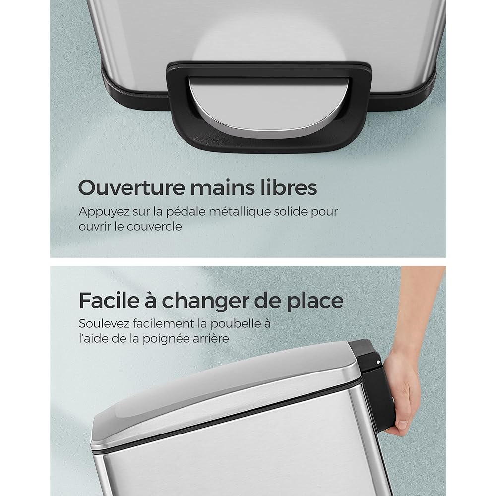 SONGMICS Poubelle de Cuisine 48L, Poubelle à Pédale, Fine, pour Petits Espaces, Couvercle à Fermeture en Douceur, avec Seau Intérieur, en Acier Inoxydable, 15 Sacs Poubelle Inclus, Argent LTB510E48 : Cuisine et Maison