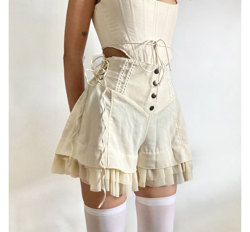 PolkaBella - Hoge taille, effen korte broek met ruches