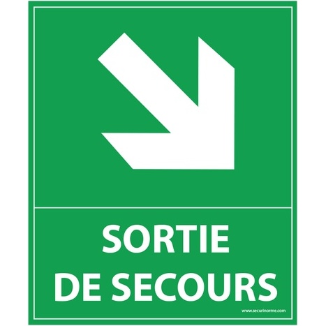 Panneau sortie de secours- flèche bas à droite - 300 x 250 mm