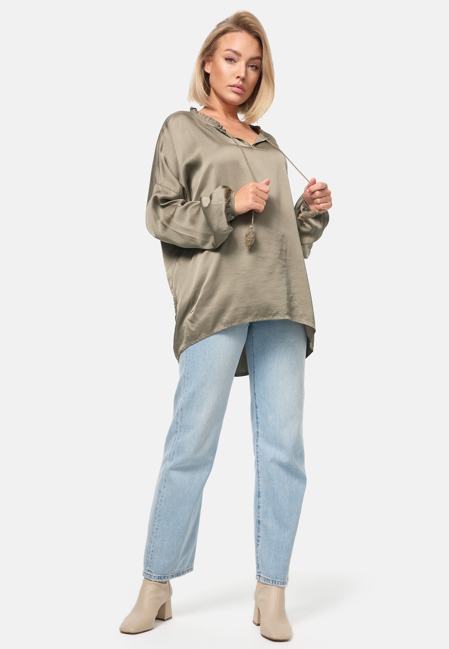 PM SELECTED Damen Schlupfbluse Romantische Business Satin Bluse mit Rüschenkragen in Einheitsgröße PM06