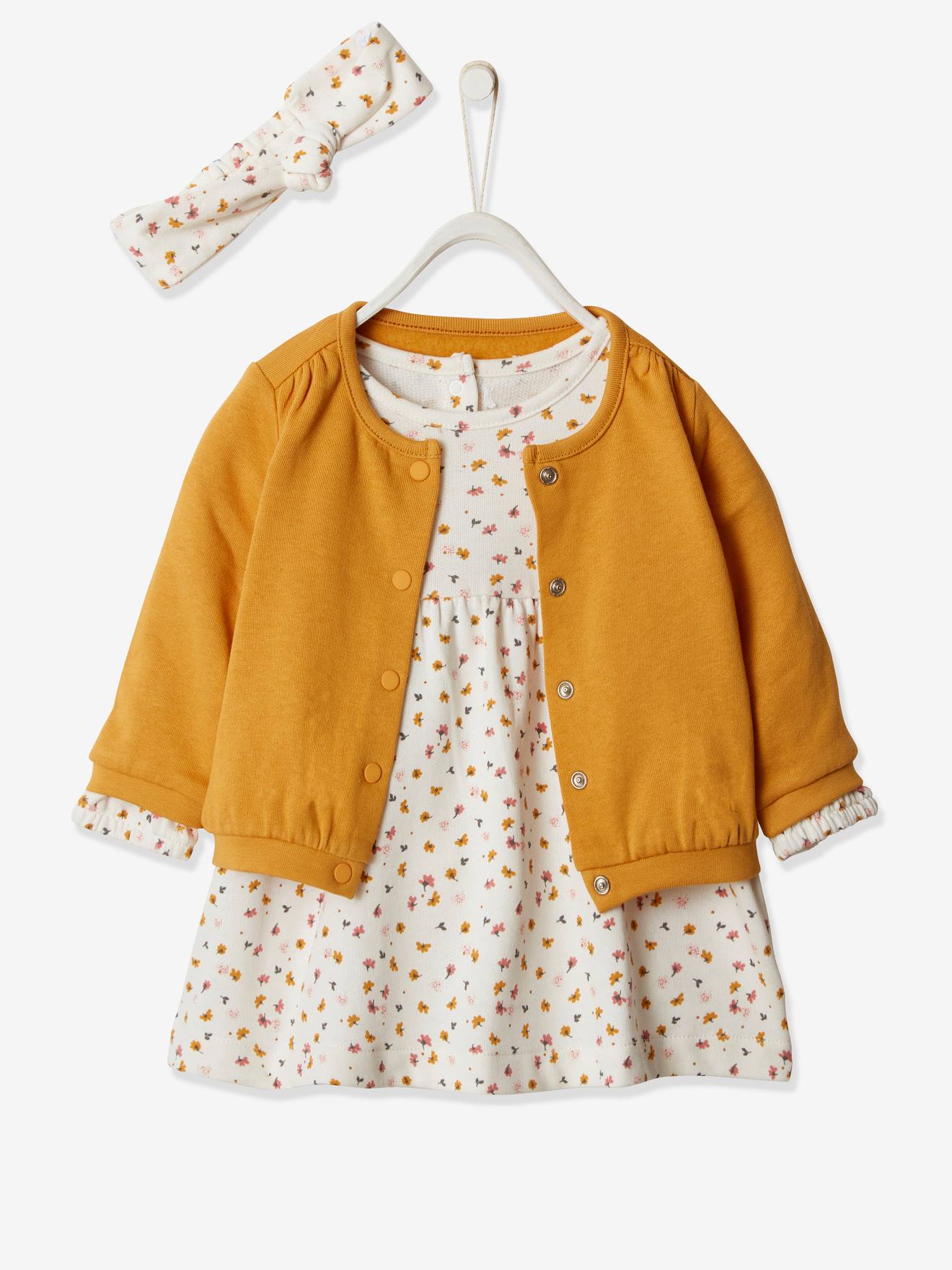 Conjunto de 3 peças com vestido + casaquinho + faixa de cabelo, para meninas, na cor rosa antigo.